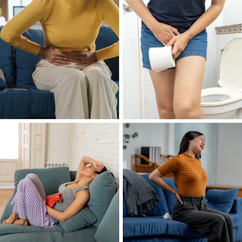 A collage of 4 images each showing a female in a different type of pain