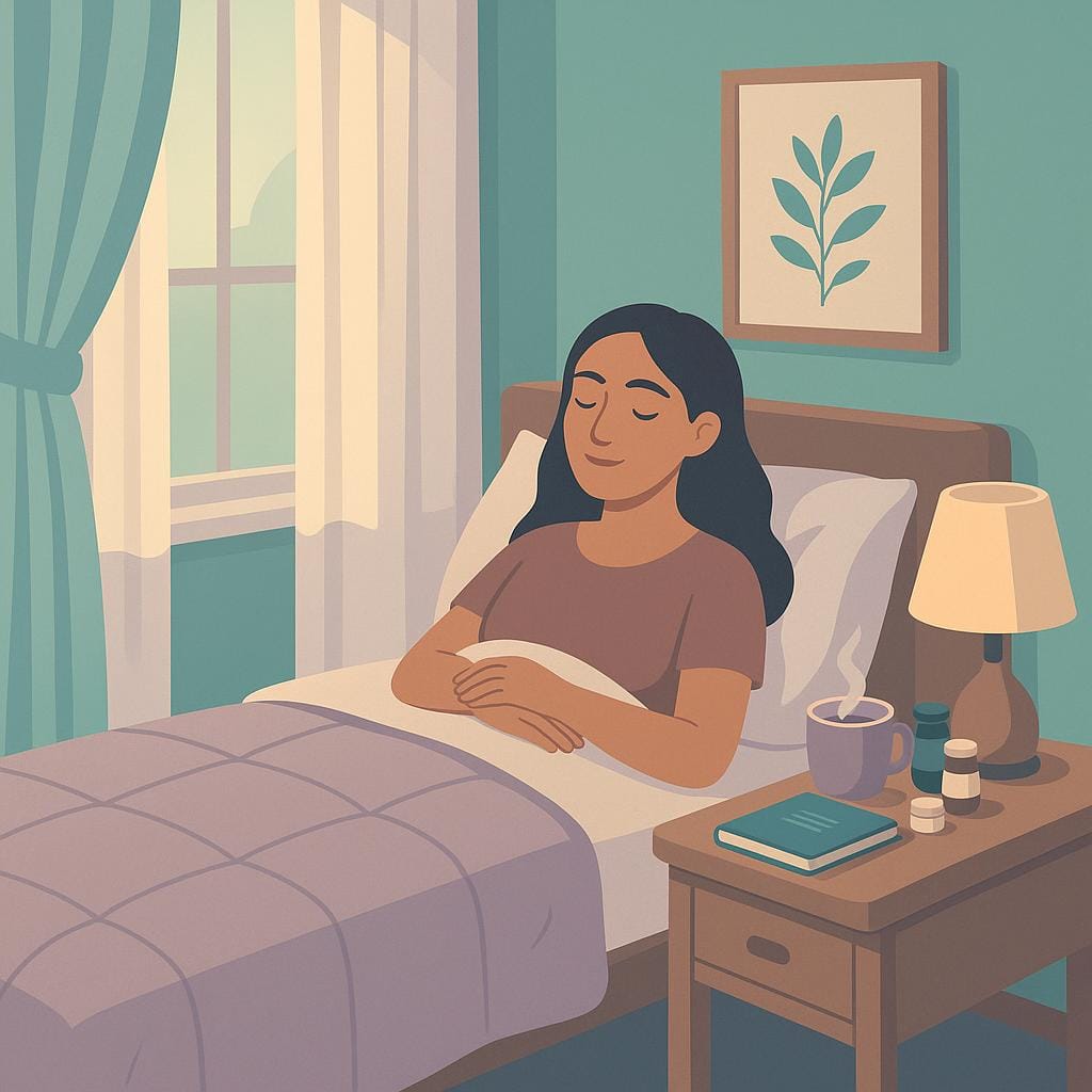 Flat vector illustration of a tranquil bedroom with a tidy bed, soft sunlight, bedside table with tea and post-surgery care items, and botanical artwork symbolizing comfort and recovery after surgery.