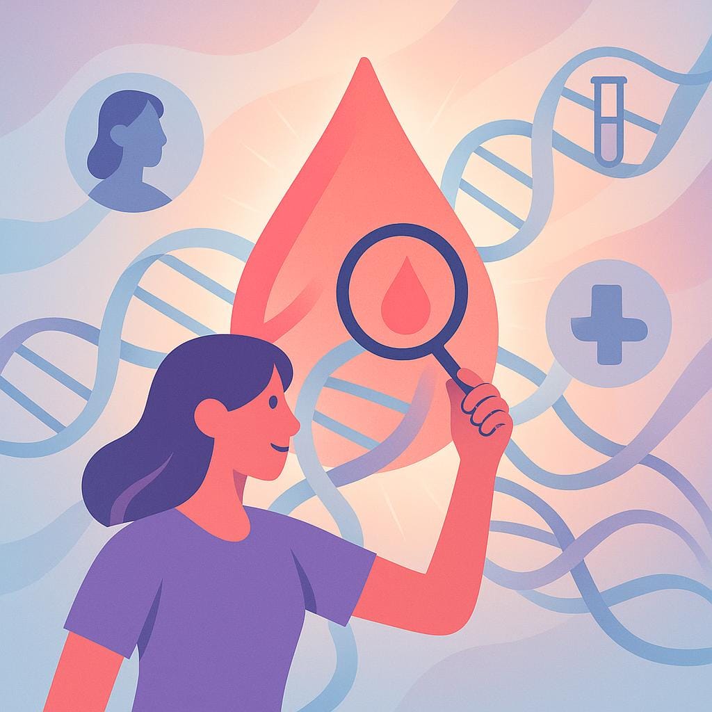 Flat vector illustration of a stylized blood droplet with RNA-inspired lines, diagnostic icons, and a hopeful, modern color palette.