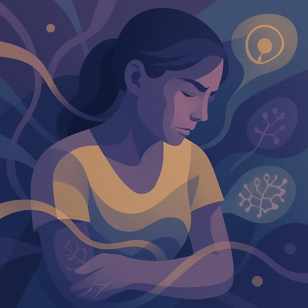 Flat vector illustration of a female figure surrounded by interconnected abstract shapes representing overlapping pain conditions, viewed from a three-quarter perspective.