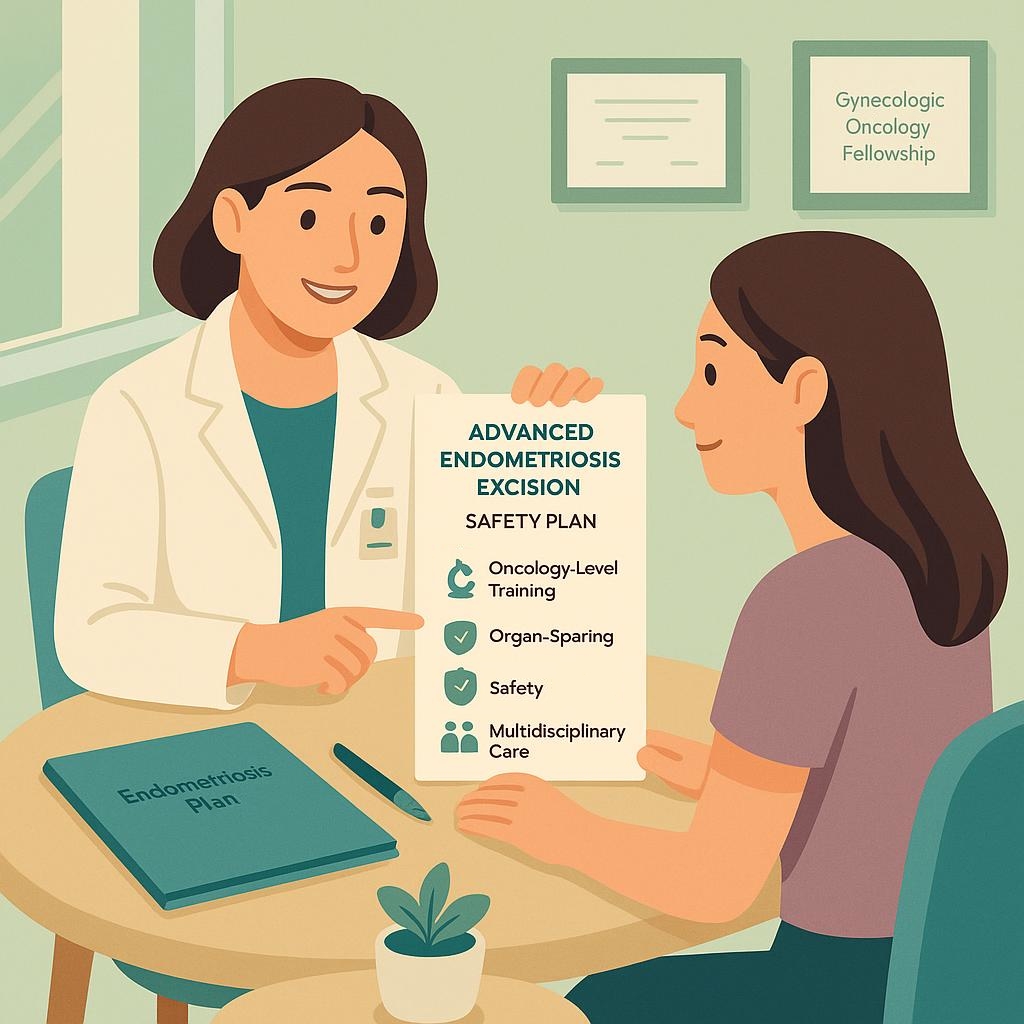 An illustration of a gynecologic oncologist showing a female patient her surgery plan for advanced endometriosis excision.