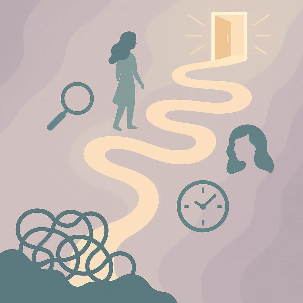 Flat vector illustration of a winding, maze-like pathway with symbolic markers like clocks, magnifying glasses, and open doors, viewed from above, representing the lengthy journey to an endometriosis diagnosis.