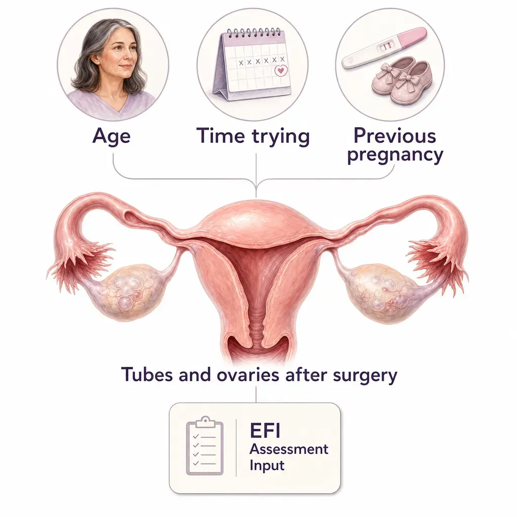 Diagram groups age, time trying to conceive, previous pregnancy, and postoperative assessment of the tubes and ovaries as inputs to the Endometriosis Fertility Index.