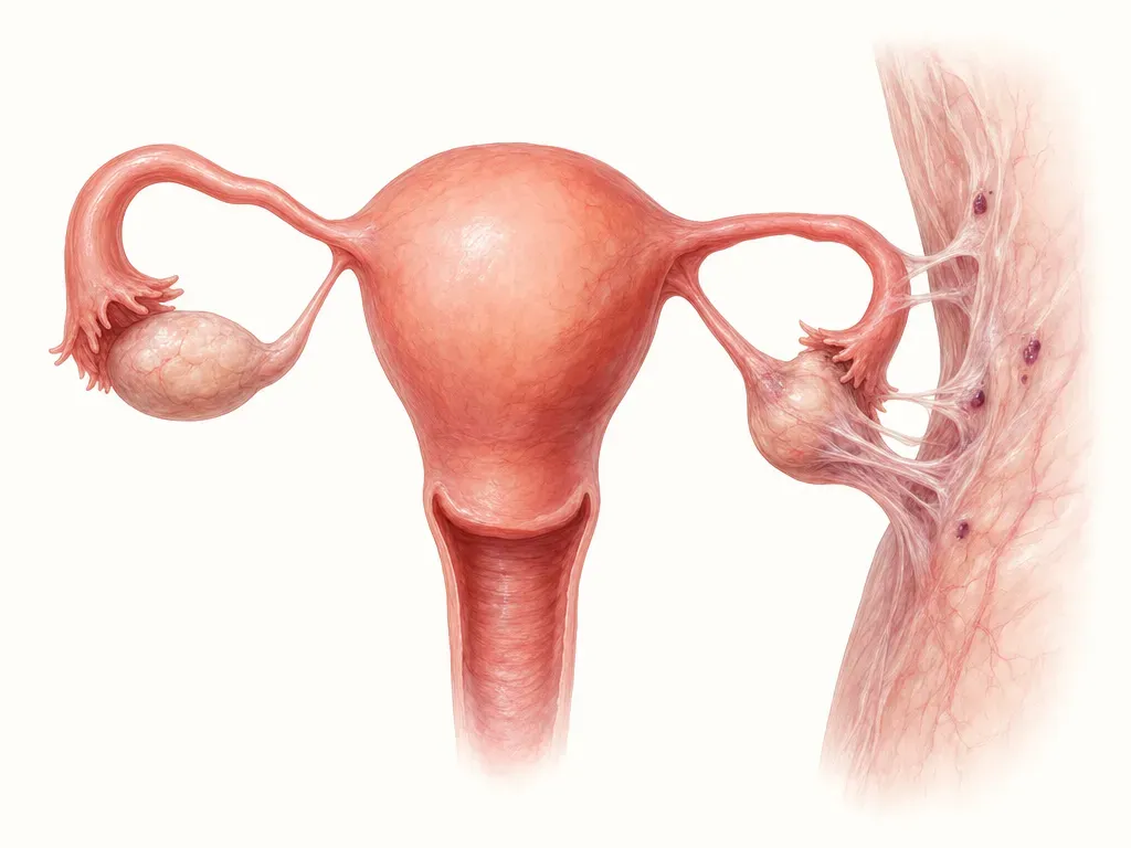 Scar-tissue bands tether an ovary and fallopian tube to nearby pelvic structures.
