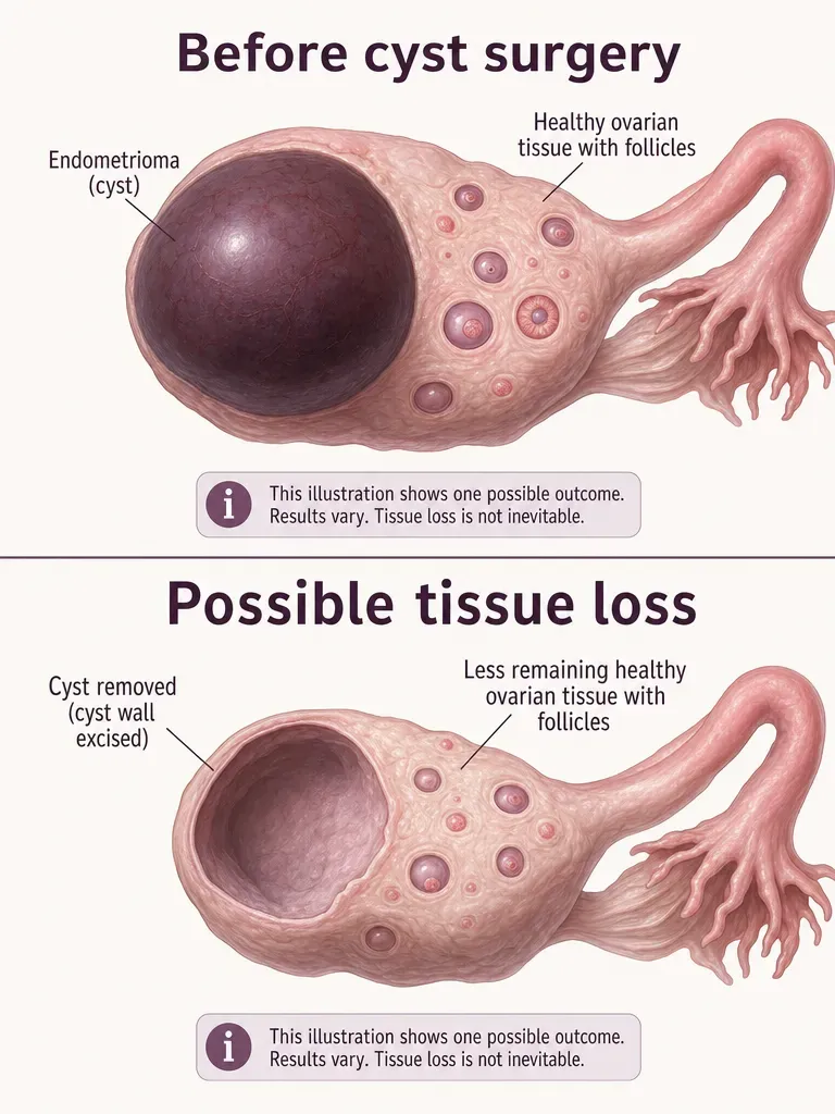 Two-panel illustration shows an ovarian endometrioma before surgery and a possible postoperative ovary with less remaining healthy tissue.