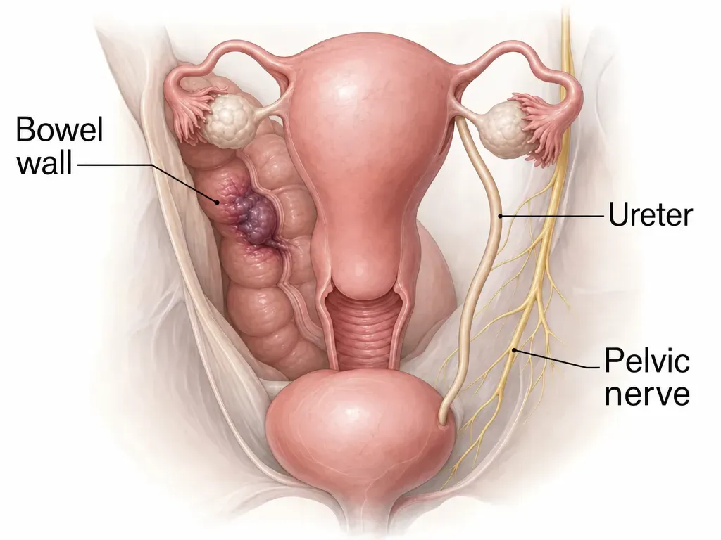 Pelvic anatomy map shows a bowel-wall lesion, a nearby ureter, and a pelvic nerve as separate surgical considerations.