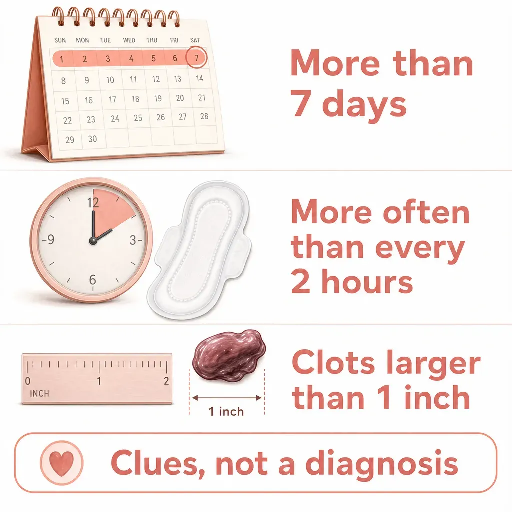 Three screening clues for heavy menstrual bleeding: periods longer than seven days, protection changes more often than every two hours, and clots larger than one inch.