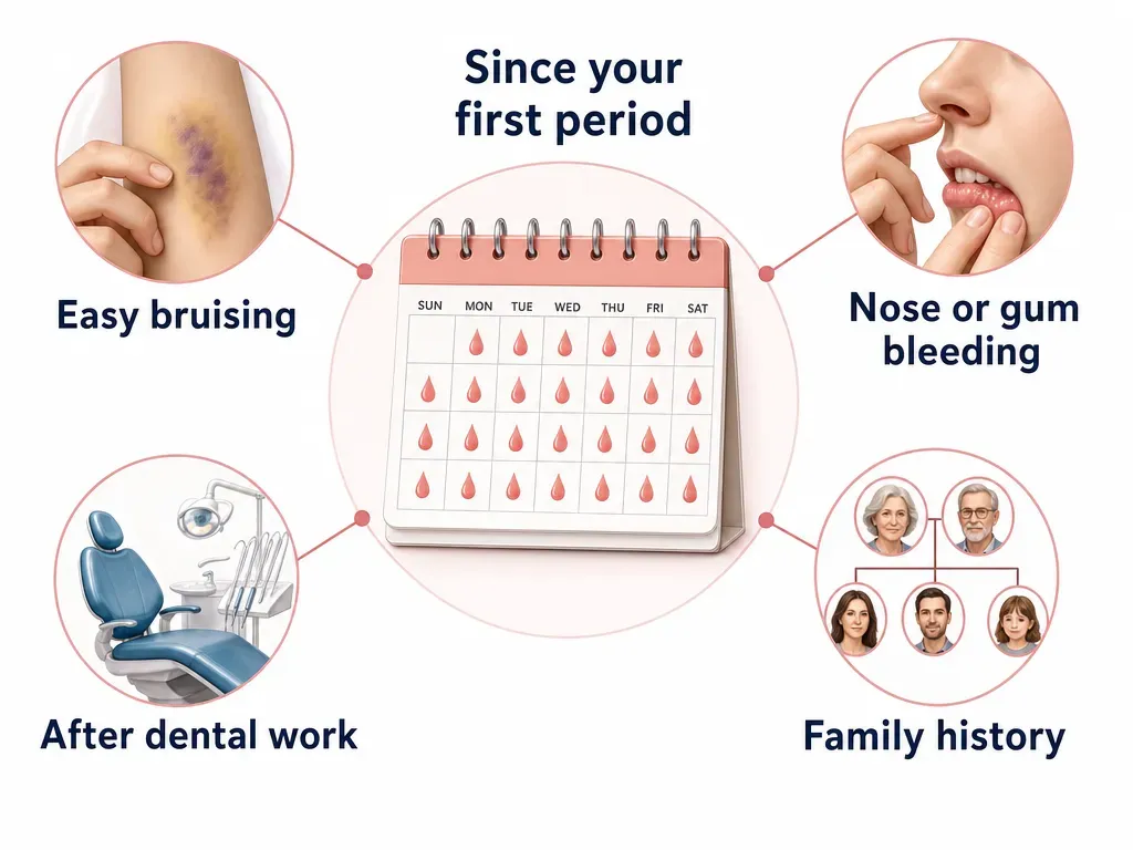 A diagram connects heavy periods since the first period with easy bruising, nose or gum bleeding, prolonged bleeding after dental work, and family history.