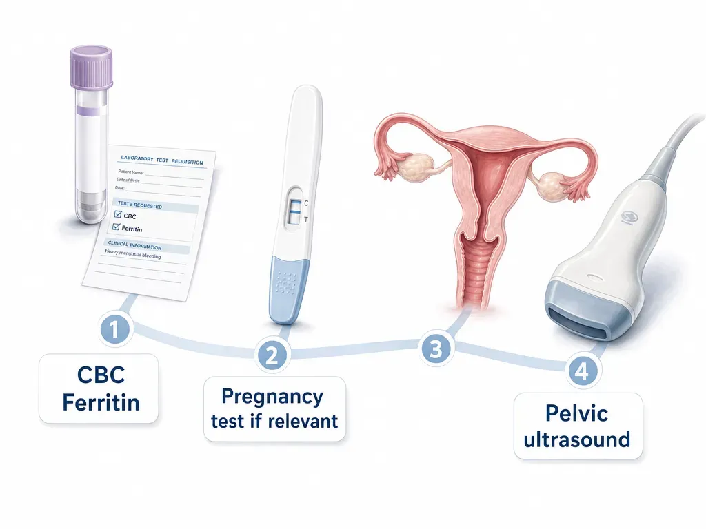 A blood sample for CBC and ferritin testing, a pregnancy test when relevant, and pelvic ultrasound represent parts of a heavy-bleeding workup.