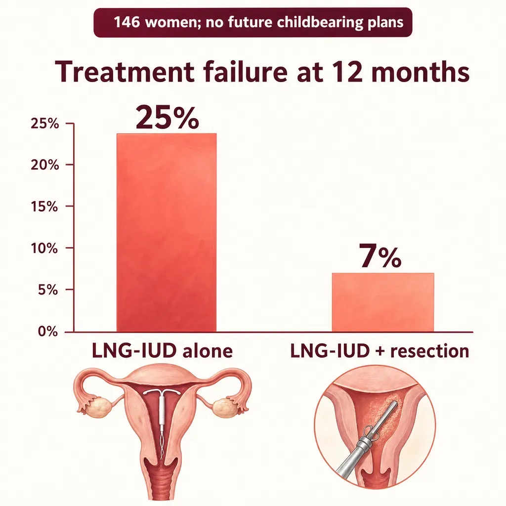 In a trial of 146 women with adenomyosis who had completed childbearing, treatment failure at 12 months was about 25% with an LNG-IUD alone versus about 7% with an LNG-IUD plus endometrial resection.