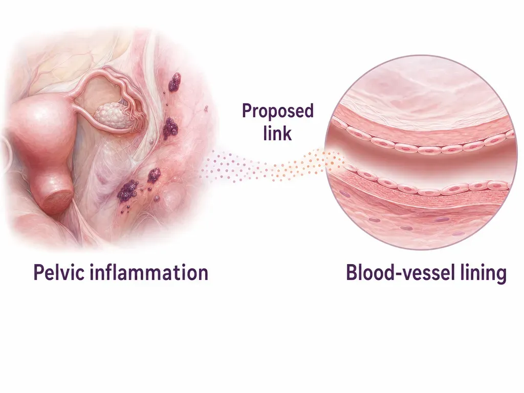A proposed pathway diagram places inflamed pelvic tissue with dark purple endometriosis spots beside a detailed blood-vessel lining.