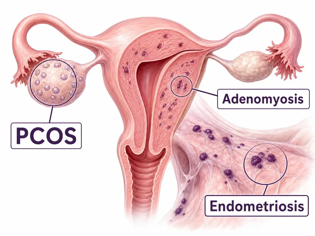 Pelvic anatomy showing an ovary with multiple small follicles, adenomyosis within the uterine wall, and dark purple endometriosis spots outside the uterus.