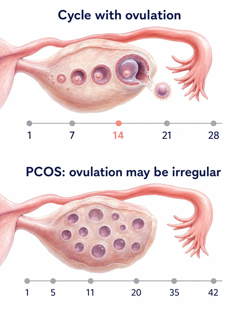 Two panels compare a cycle with ovulation to a PCOS cycle in which egg release is irregular or absent.