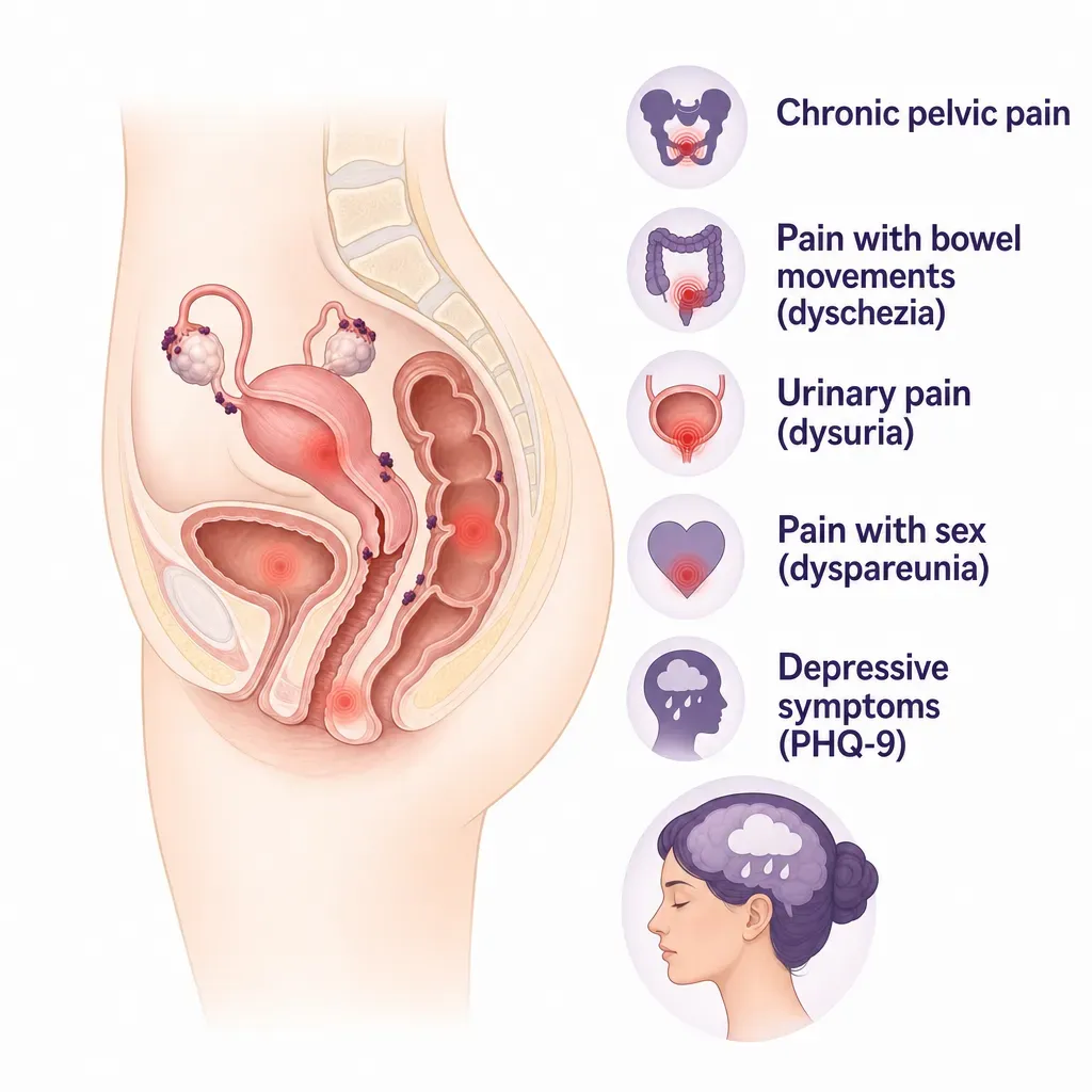A pelvic anatomy illustration identifies several symptoms that may improve after deep endometriosis surgery, with a separate head profile representing depressive symptoms.