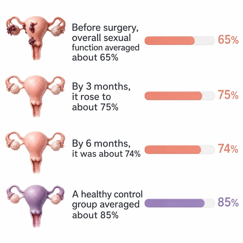 Four bars show average sexual-function scores of about 65% before surgery, 75% at three months, 74% at six months, and 85% in a healthy control group.